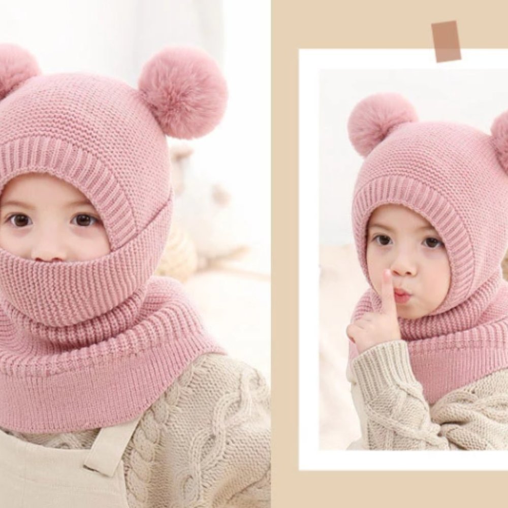 Kids Winter Knit Pom Pom Hat with Scarf/Collar